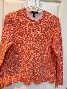 Land's End sz M (10/12) Orange White Leaf Vine 96% Cotton button cardigan